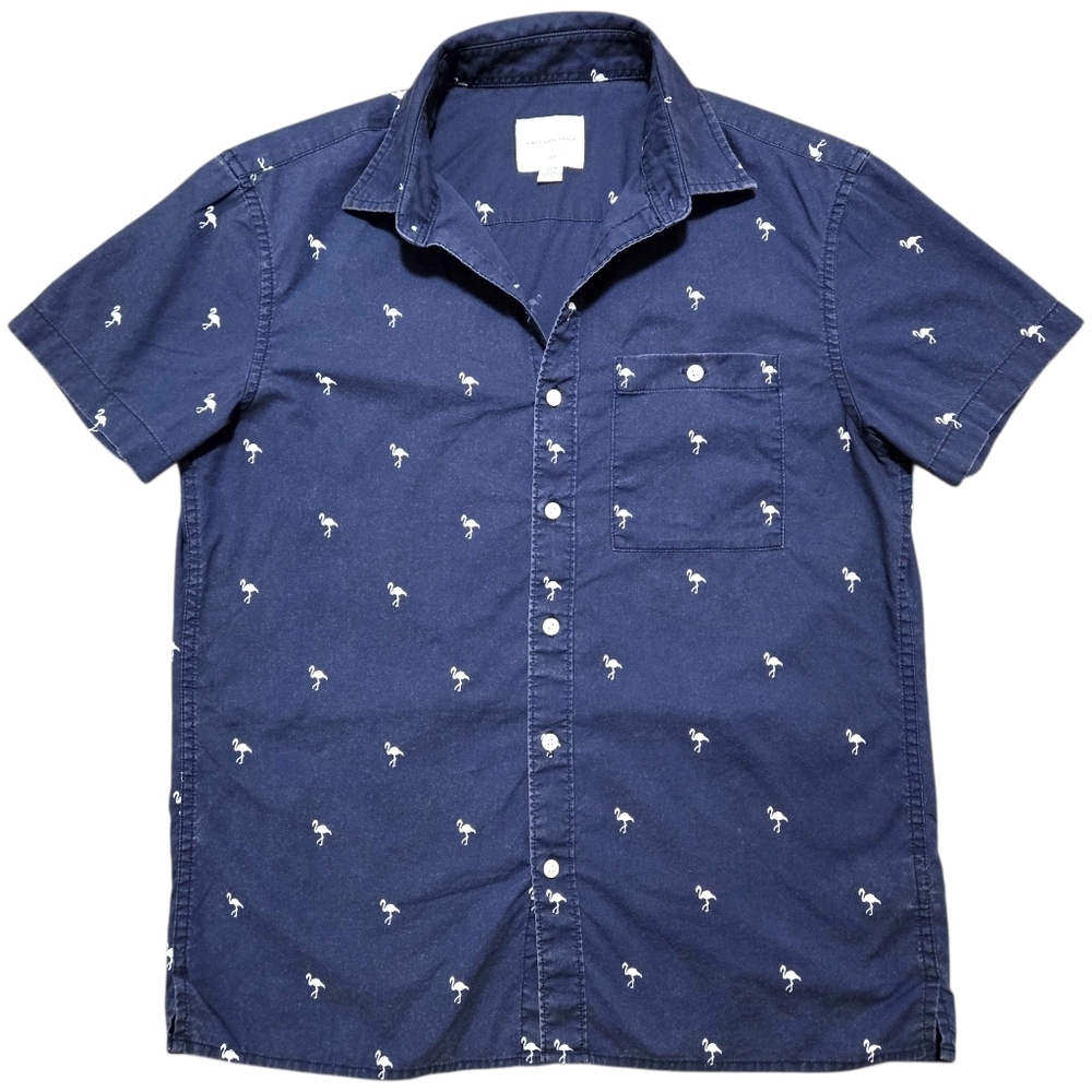 American Eagle Shirt Mens Small Flamingo Print Flex Collared Button-Up Tropical